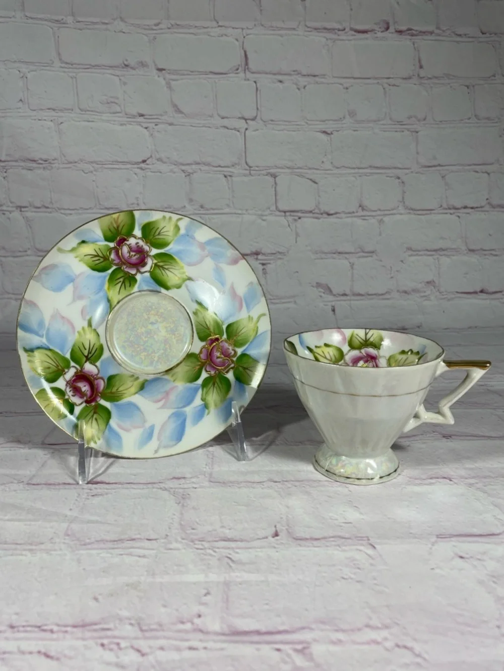 Vintage Royal Carlton 7865 Iridescent Floral Gold Trim Footed Teacup and Saucer